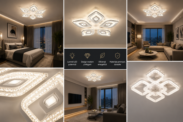 Lustra LED cristale L7273/5 albă 170W, Ø490×H80 mm, lumină 3000–6500K, cu telecomandă