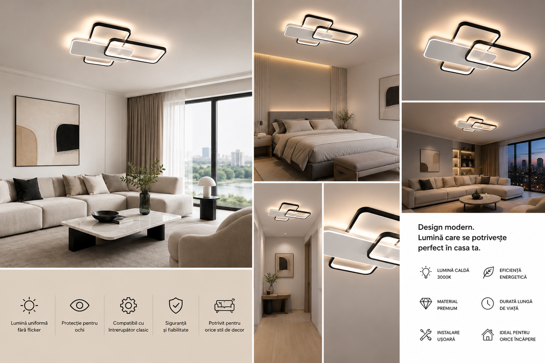 Lustră LED modernă cu telecomandă, 122W, lumină reglabilă 3000–6500K – model 9906/2 WH+BK
