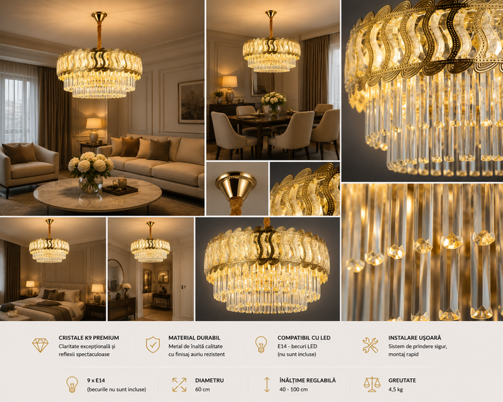Candelabru cu cristale, 8 surse E27, Ø ≈ 500 mm, finisaj auriu – model 3526/500 FG