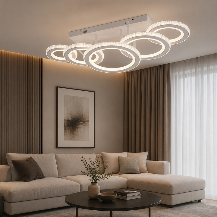 Lustră LED modernă cu cristale,178W, dimabilă cu telecomandă, lumină caldă-neutră-rece, Alb & Crom – Model 26032/1+2+2