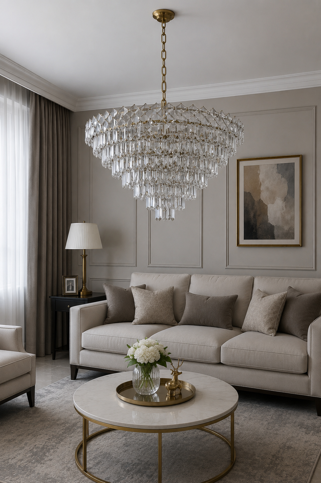 CANDELABRU AURIU CU CRISTALE – 8650/500 | Ø50 CM, 7X E27, ELEGANȚĂ ȘI RAFINAMENT
