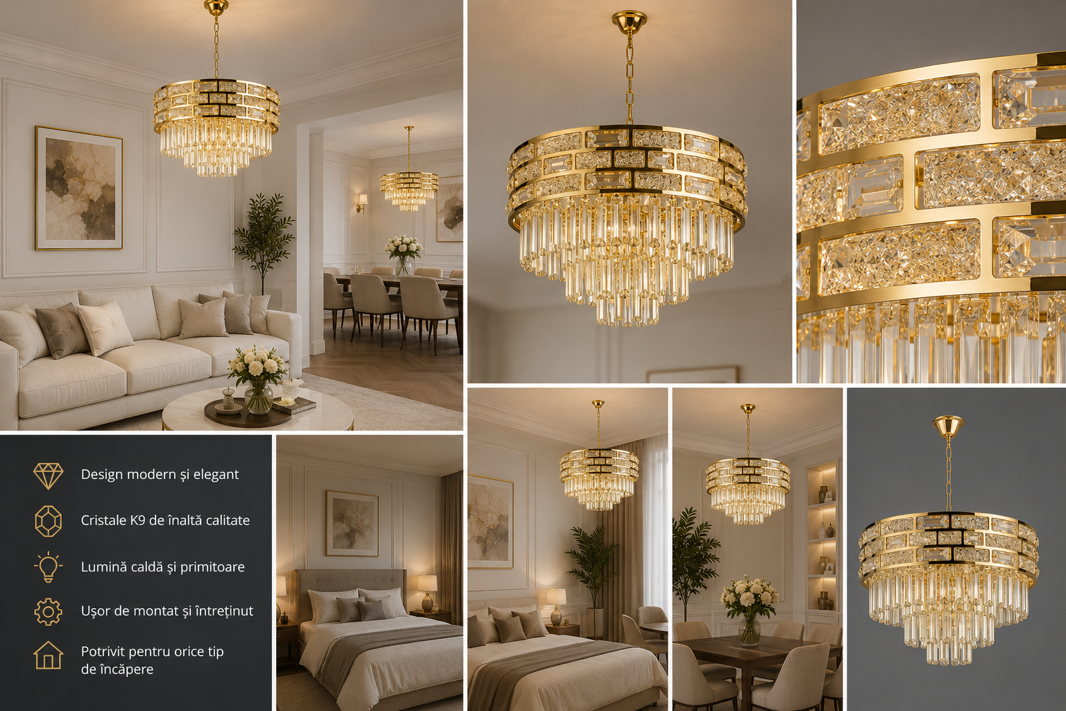 Candelabru Auriu Cristal 12 Becuri E27, Ø600 mm, Design Modern Elegant, Fara Telecomanda