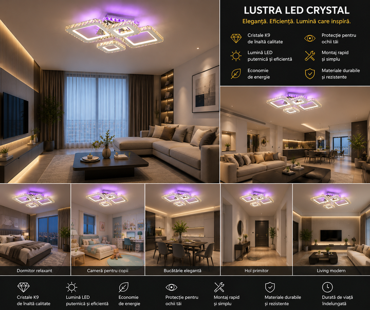 LUSTRA LED ELEGANTA, 2886/2+2 – DESIGN GEOMETRIC CU LUMINĂ PUTERNICĂ ȘI TELECOMANDĂ.
