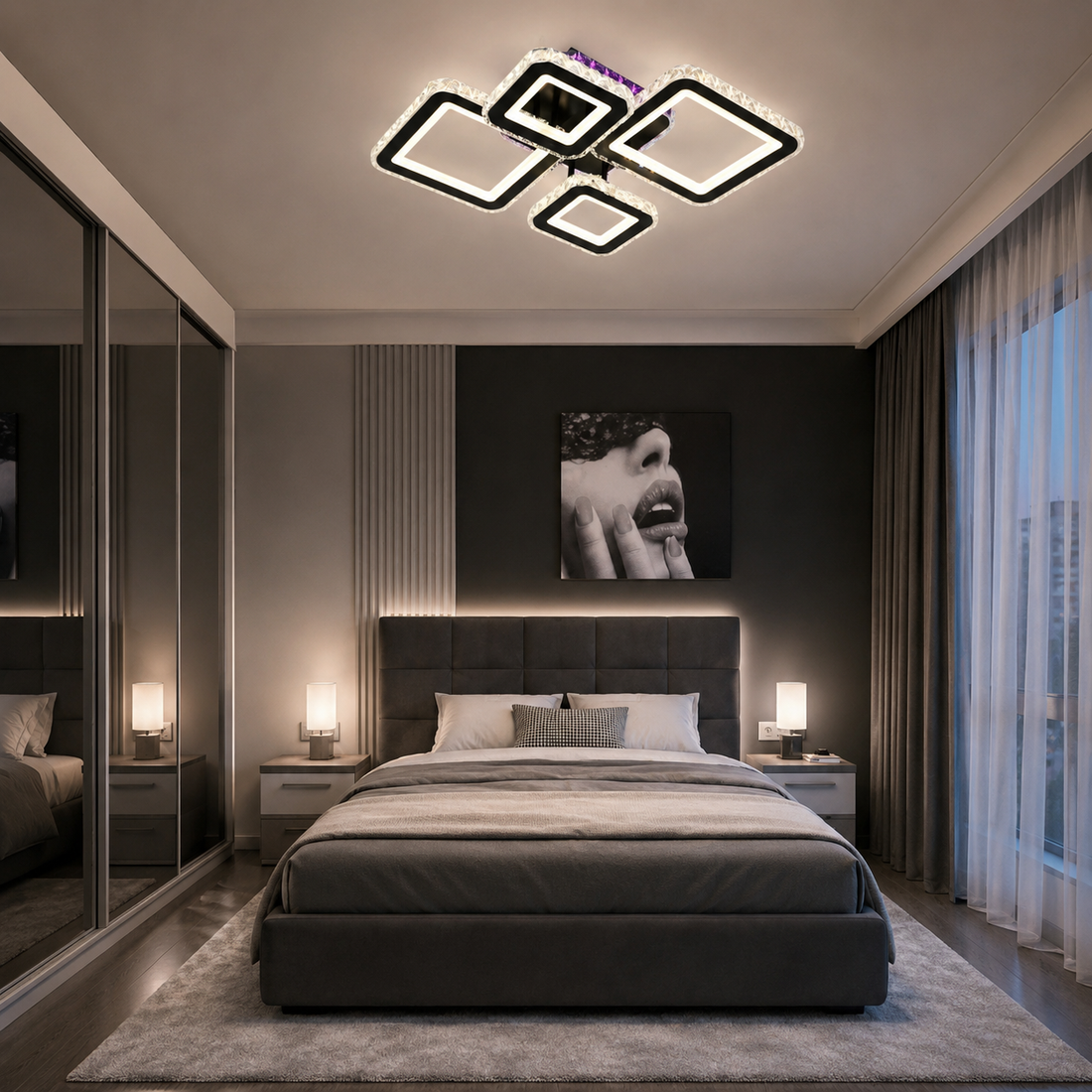 LUSTRĂ LED 19376/2+2BK CU TELECOMANDĂ, 162W, LUMINĂ REGLABILĂ 3000K–6500K,40CMX55CM , DESIGN MODERN PENTRU SPAȚII MARI