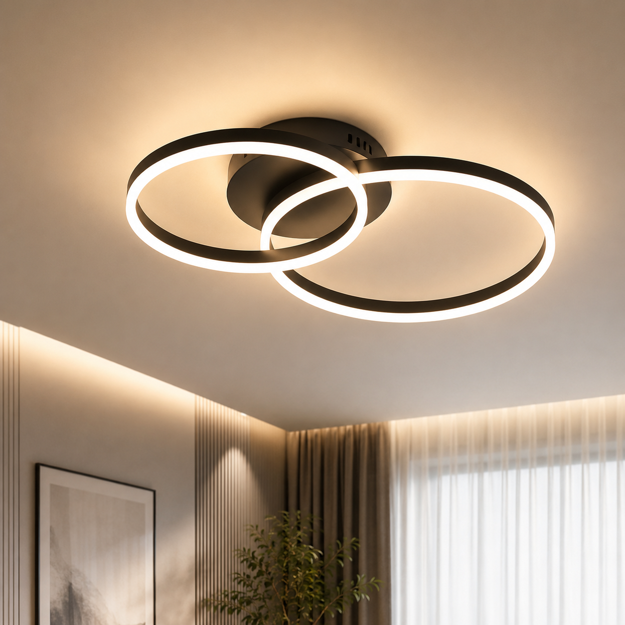 Lustră LED modernă cu inele negre, 2x61W, 715×500×105 mm, lumină reglabilă 3000K–6500K, telecomandă inclusă A10/2 500+300BK
