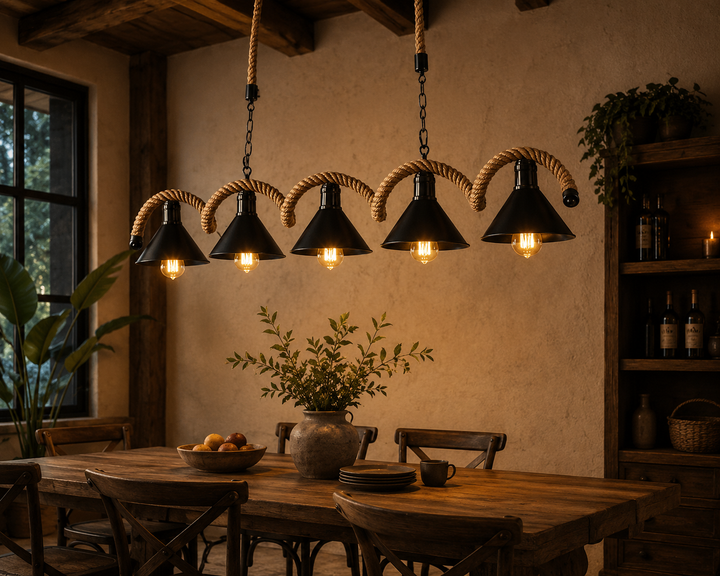 Pendul rustic cu 5 becuri, 1320×H200 mm, E27 max 60W, JD-77/5