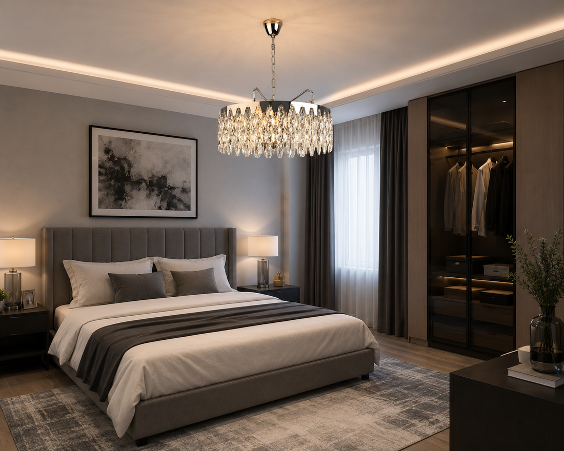 Candelabru cu cristale, 12 becuri E27, Ø600×H640 mm, montaj suspendat, design luxos cromat