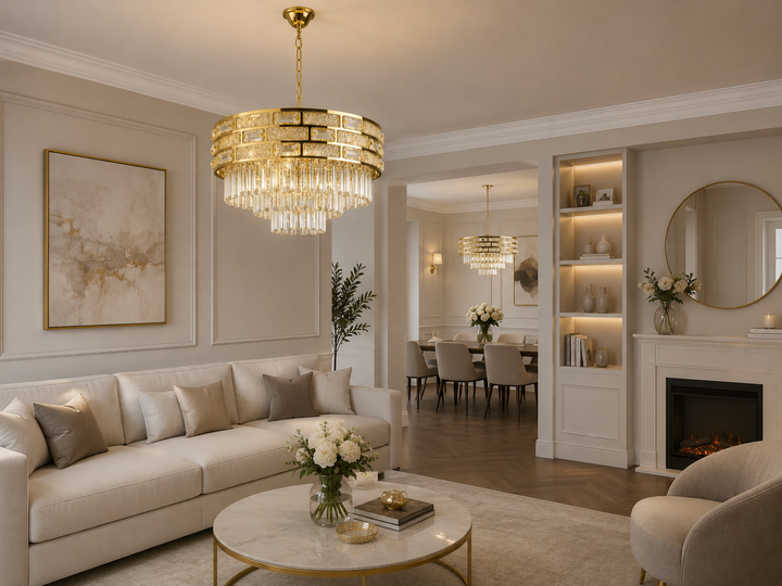 Candelabru Auriu Cristal 12 Becuri E27, Ø600 mm, Design Modern Elegant, Fara Telecomanda