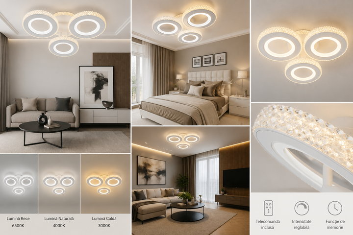 Lustra LED moderna cu cristale, 94W, 3 trepte lumină, telecomandă, Alb/Crom – Model 26032/3C