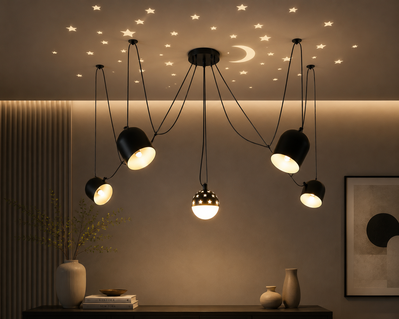 Pendul modern 5 abajururi E27, negru mat, model 9854/5