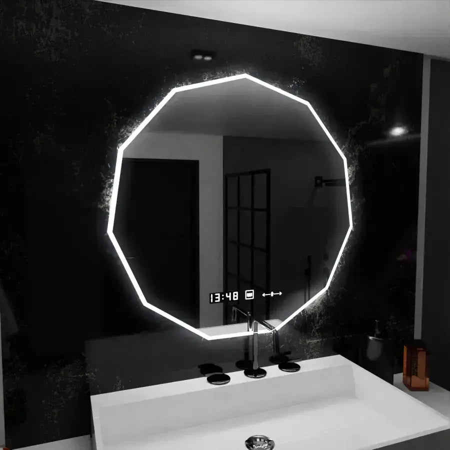 Oglindă LED 70×70 cm cu senzor, dezaburire, ceas digital și afișaj temperatură