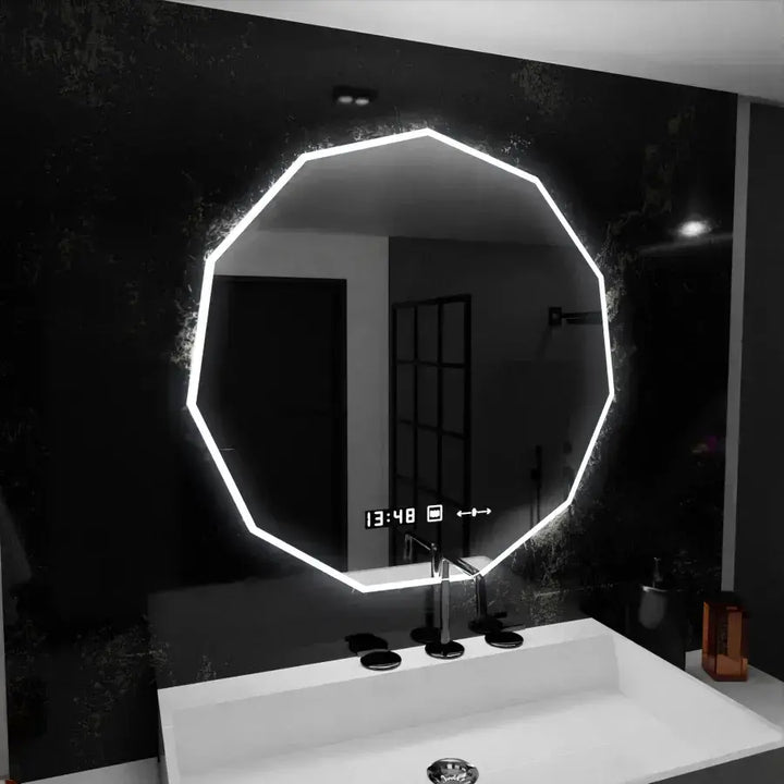Oglindă LED 70×70 cm cu senzor, dezaburire, ceas digital și afișaj temperatură