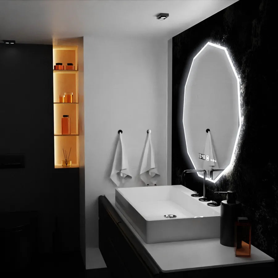 Oglinda LED cu senzor  – 70x70 cm, c ceas digital, temuperatură și sistem de dezaburire