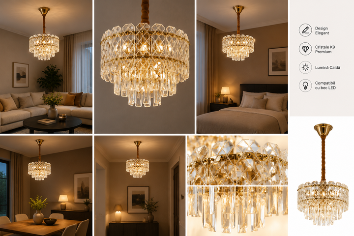 Candelabru decorativ cu 5 becuri E27 – Model 98046/400FG, Ø400 mm, finisaj auriu