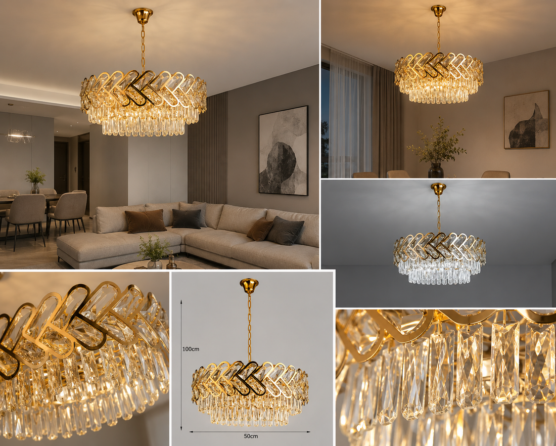 Candelabru Auriu Cristal 12 Becuri E27, Ø600 mm, Design Modern Geometric, Fara Telecomanda
