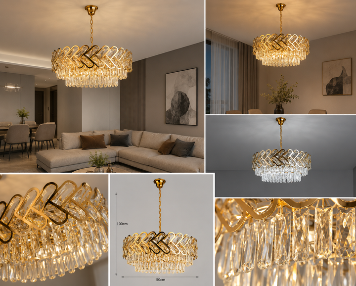 Candelabru Auriu Cristal 12 Becuri E27, Ø600 mm, Design Modern Geometric, Fara Telecomanda