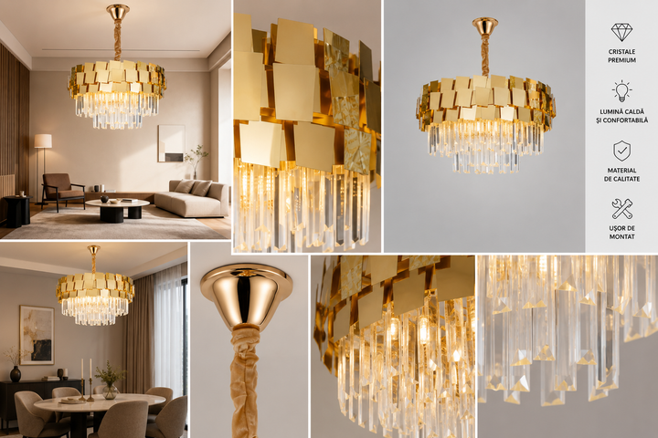 Candelabru auriu cu cristale, Ø600×H370 mm, E27 max 60W × 10, 5580/600 FGD