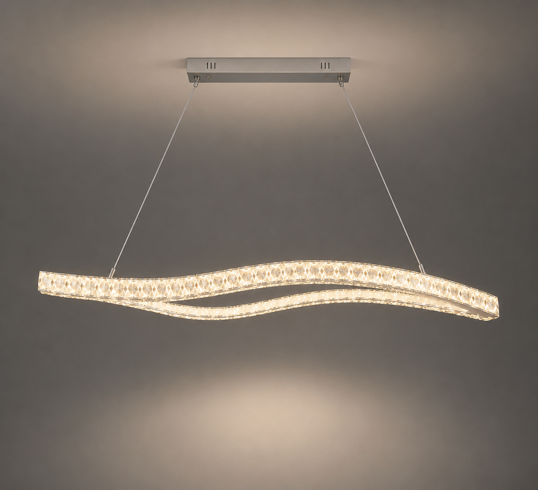 Pendul LED cu cristale, design ondulat dublu, 120W, 910×310×1500 mm, lumina reglabila 3000K–6500K, telecomanda inclusa