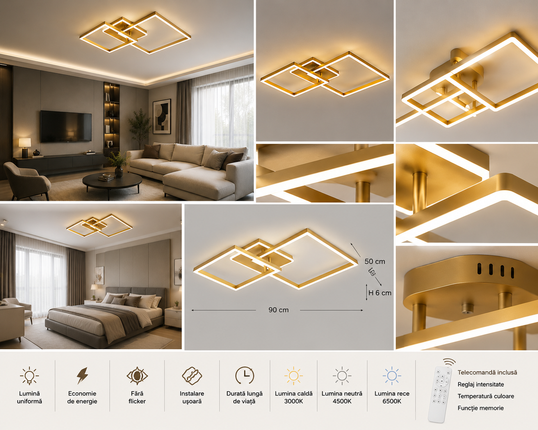 Lustra LED cu telecomanda, 2x71W, lumina reglabila 3000K–6500K, 550×550×150 mm, design pătrat modern