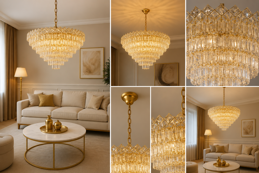 CANDELABRU AURIU CU CRISTALE – 8650/500 | Ø50 CM, 7X E27, ELEGANȚĂ ȘI RAFINAMENT