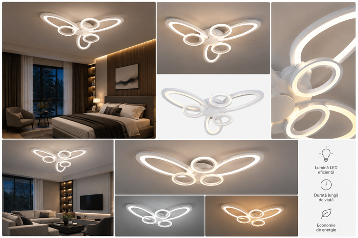 Lustra LED Alba 6 Cercuri, 96W, 3000-6500K, Telecomanda Inclusa, Model L71591/3+3