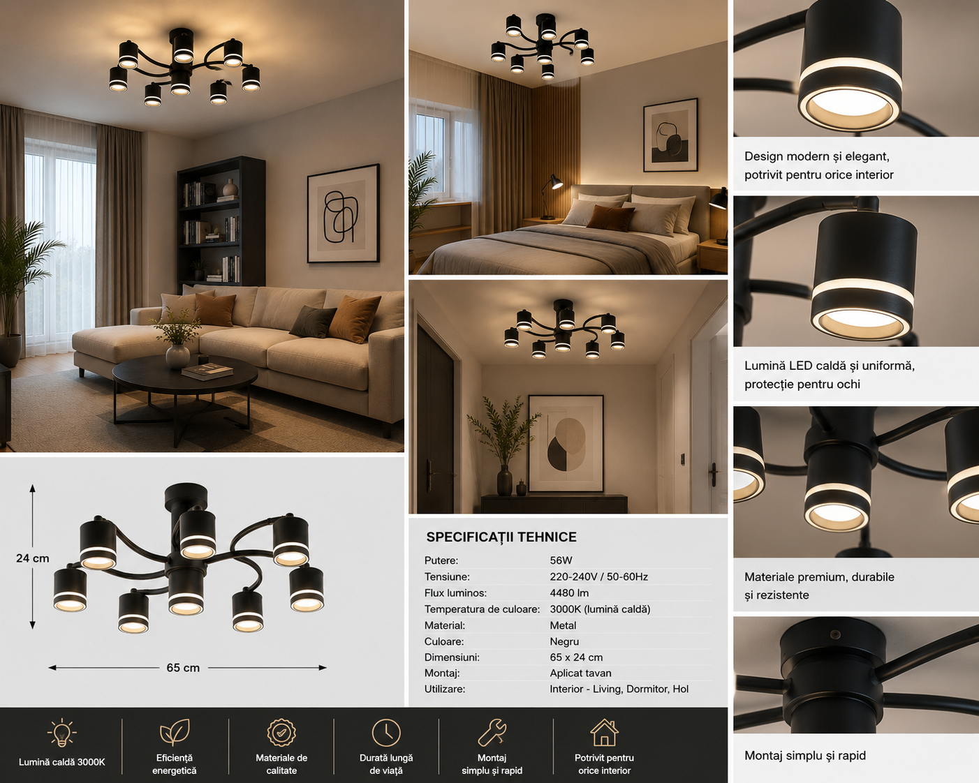 Lustra LED negru 59207/6+1– 7 becuri GX53, 3000-6500K