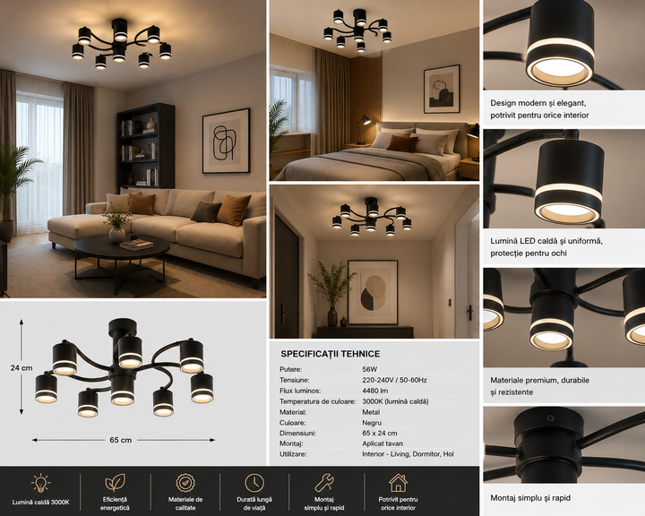 Lustra LED negru 59207/6+1– 7 becuri GX53, 3000-6500K