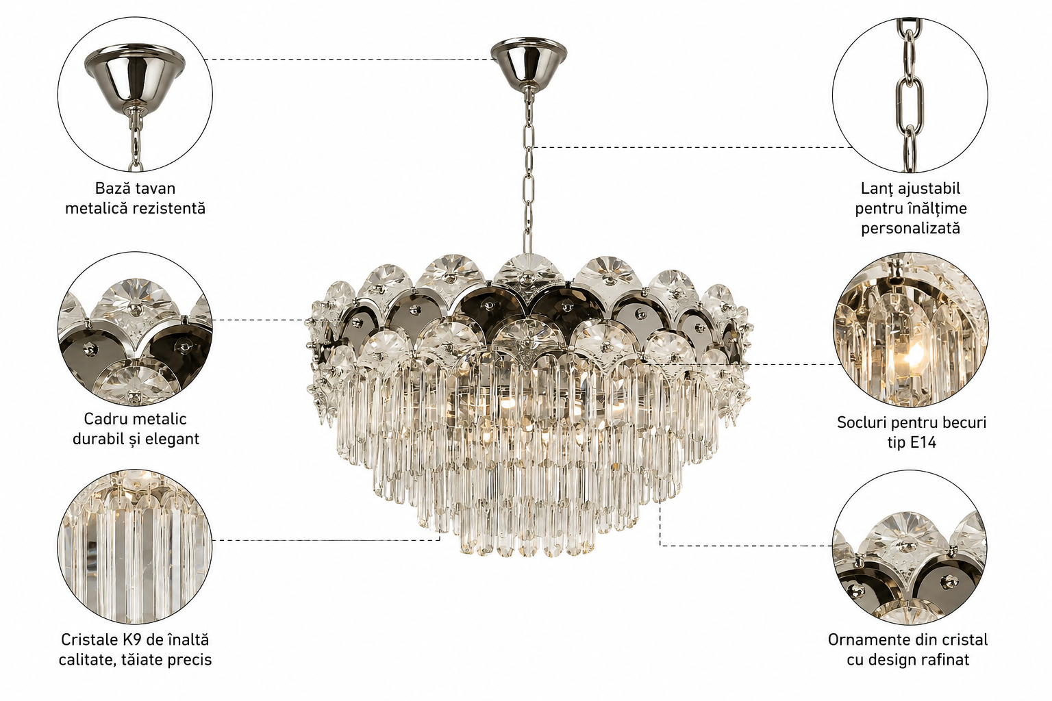 Candelabru Cristal Clasic 12 Becuri E27, Ø600 mm, Stil Elegant Vintage, Fara Telecomanda