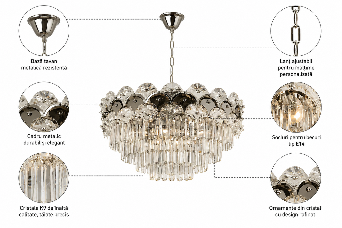 Candelabru Cristal Clasic 12 Becuri E27, Ø600 mm, Stil Elegant Vintage, Fara Telecomanda