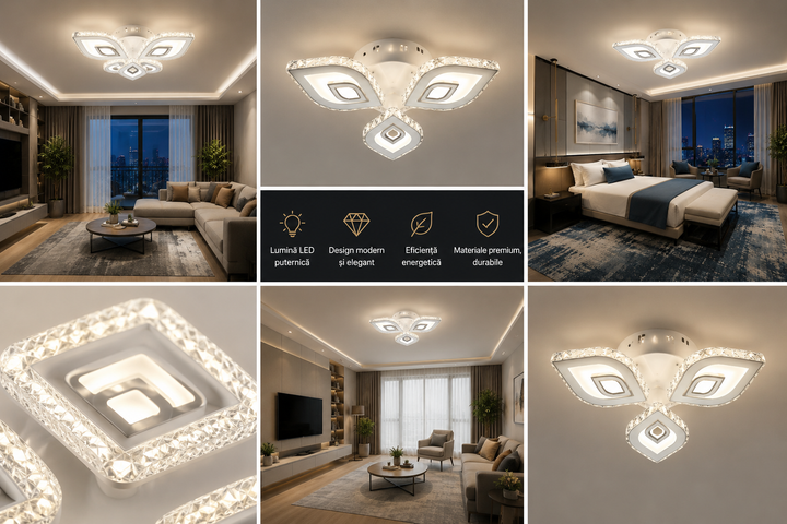 Lustra LED cristale L7273/3 albă 84W, Ø490×H80 mm, lumină 3000–6500K, cu telecomandă
