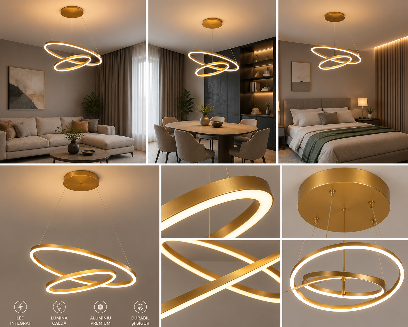 Pendul LED modern cu 2 cercuri suspendate, 140W, Ø500×H1500 mm, lumină reglabilă 3000K–6500K, telecomandă inclusă, finisaj auriu GD
