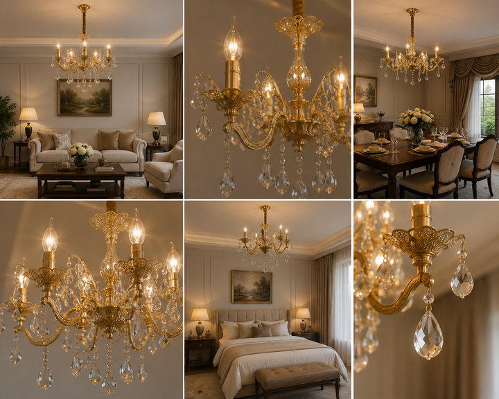 Candelabru clasic cu 5 brațe, model 98056/5FG, soclu E14, finisaj auriu