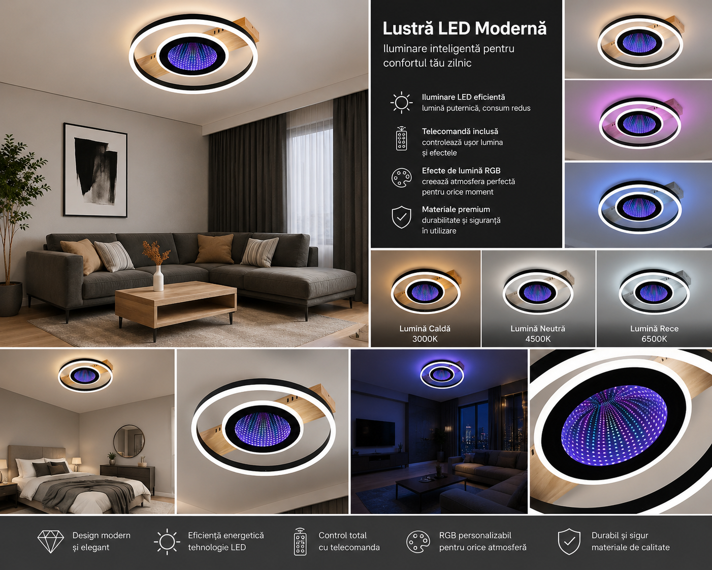 Lustra LED Rotundă cu Design Lemn 9427/400 – Iluminat Modern cu RGB și Telecomandă