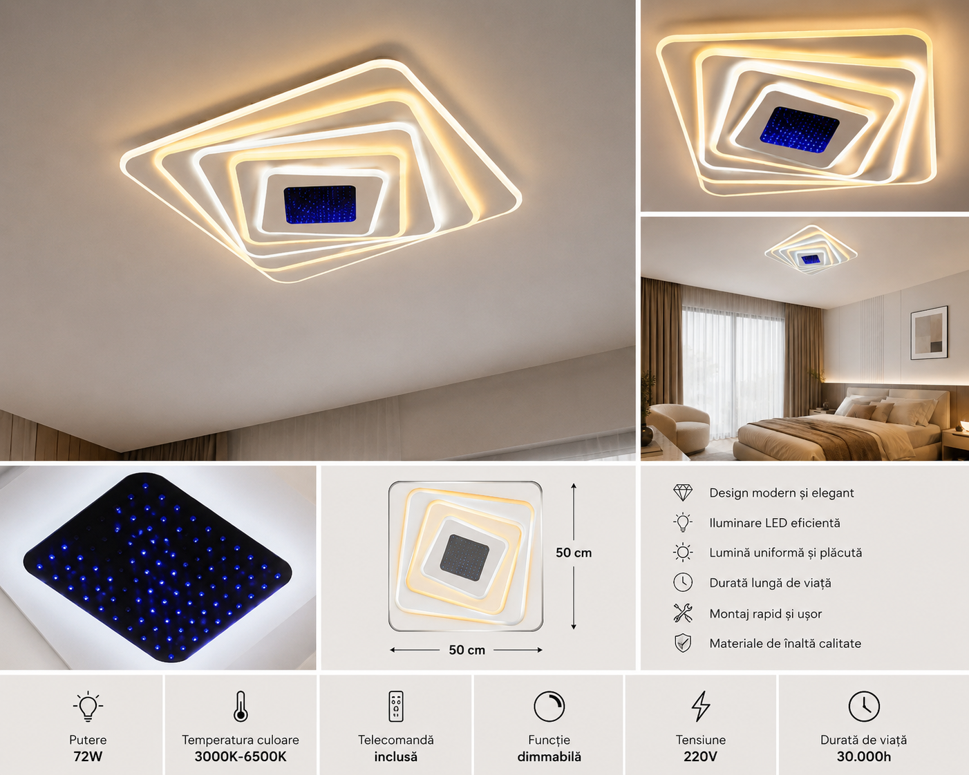 Lustra LED paatrata 19129/500D – 243W, lumina reglabila, cu telecomanda