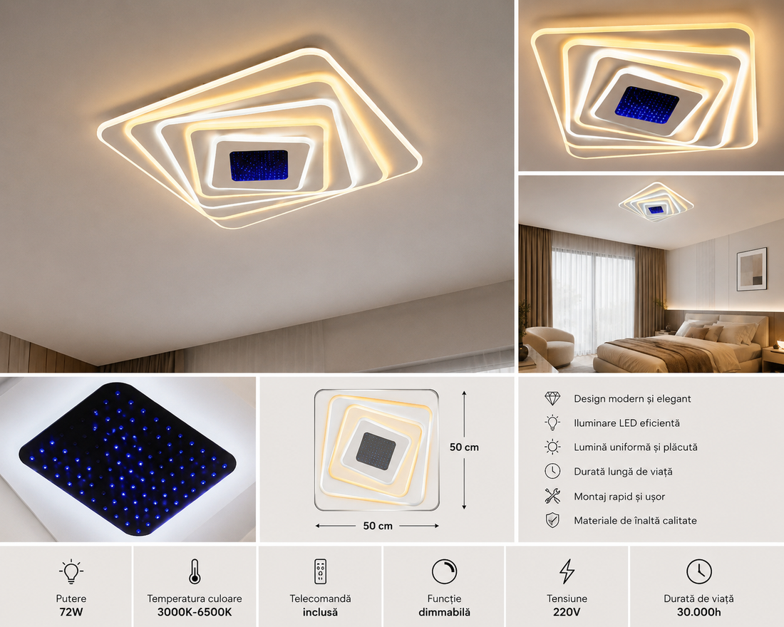 Lustra LED paatrata 19129/500D – 243W, lumina reglabila, cu telecomanda