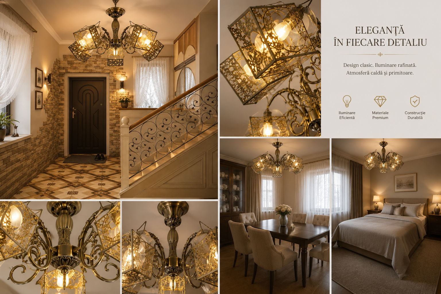 Candelabru  vintage cu 5 brațe, Ø640×H300 mm, suport E27 max 60W, finisaj bronz antic, fără telecomandă
