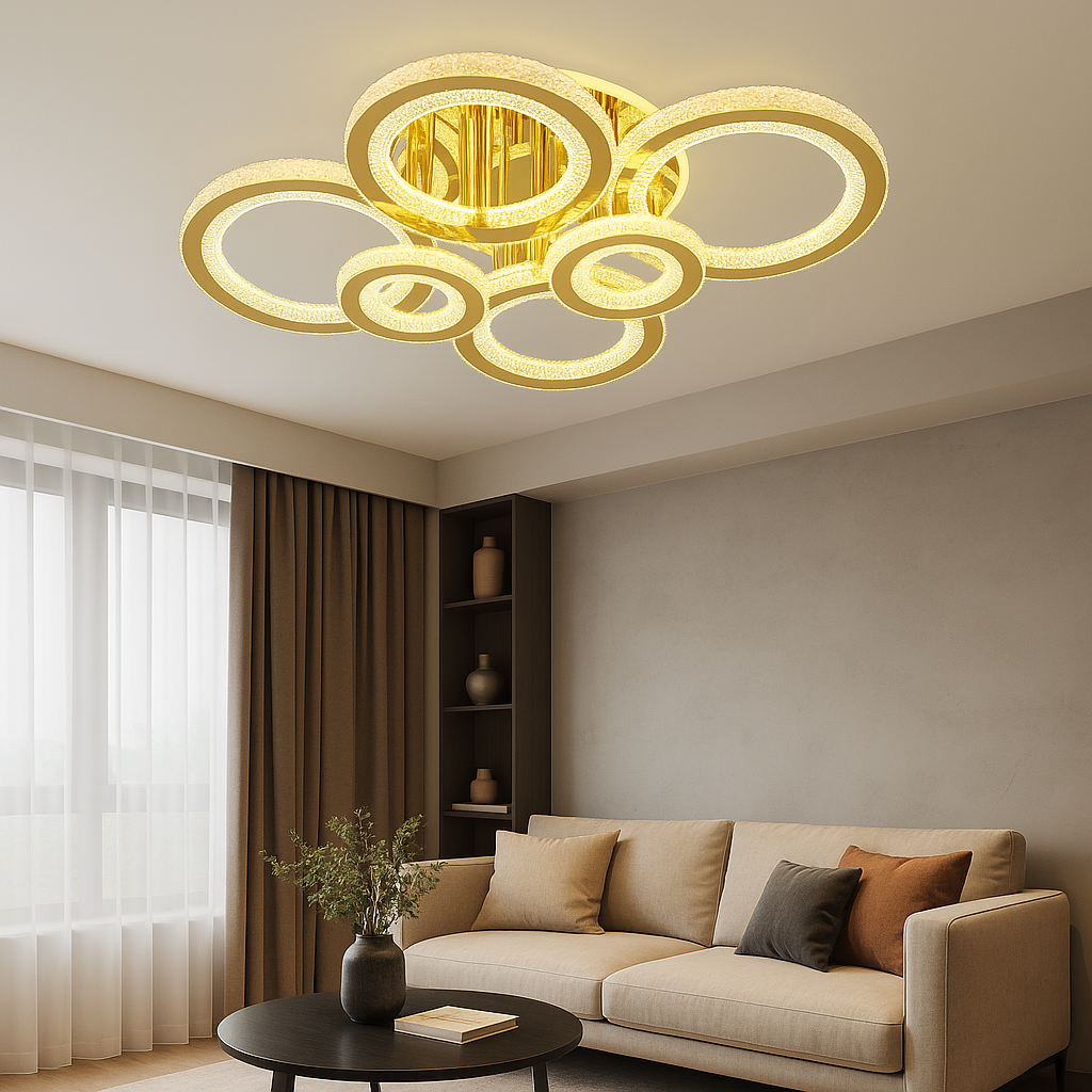 Lustră LED Modernă cu 6 Ineluri Decorative, 148W, Temperatură Reglabilă 3000–6500K, cu Telecomandă – Design Auriu Cristal