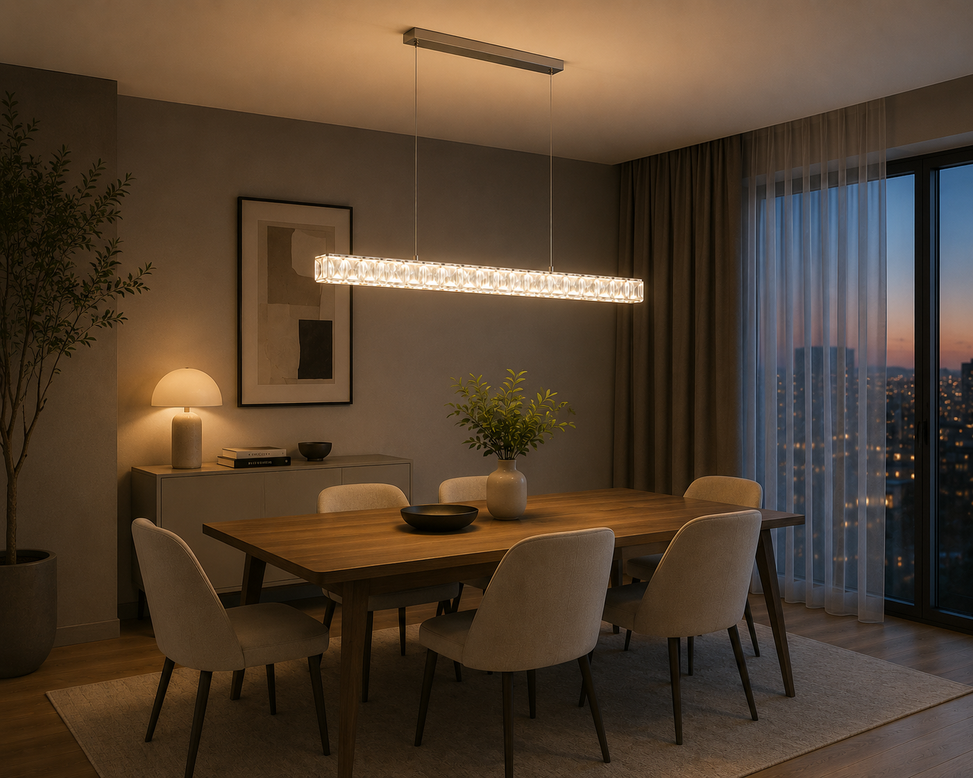 Pendul LED suspendat cu cristale, 56W, 800×55×1500 mm, lumina reglabila 3000K–6500K, telecomandă inclusă