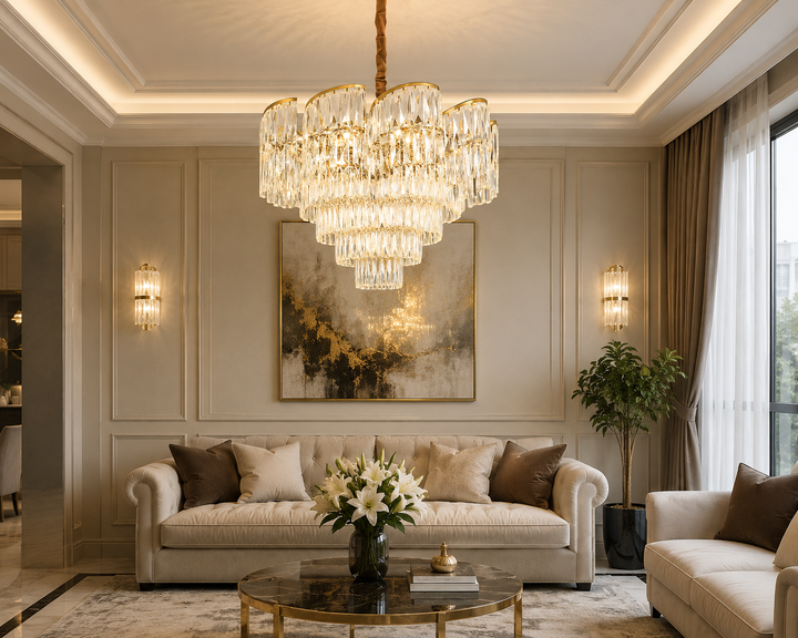 Candelabru de lux cu cristale, 18 becuri E27, Ø780×H510 mm, finisaj auriu, design stratificat