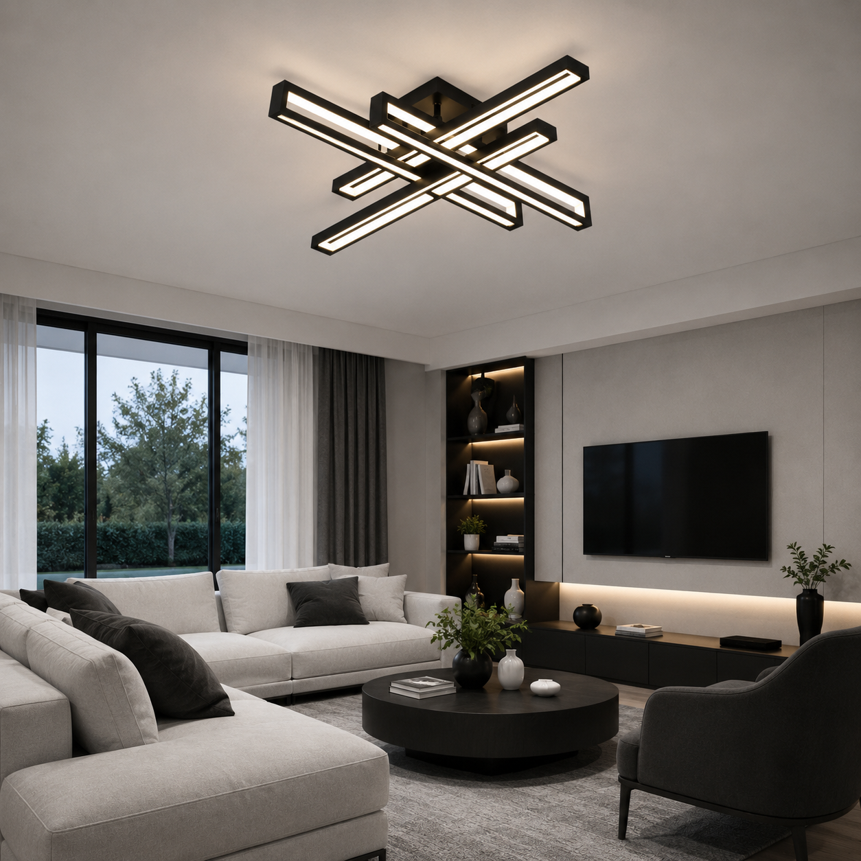 Lustra LED Neagra 4 Brate, 212W, 3000-6500K, Telecomanda Inclusa, Model L77285/2+2