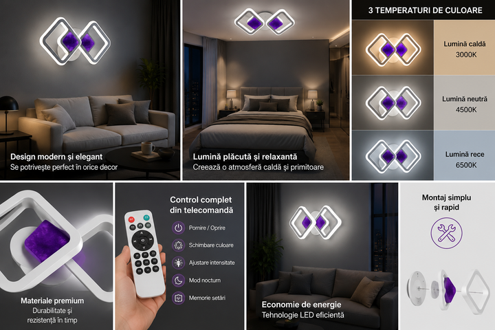 Lustra LED modernă cu telecomandă, 52 W, 220×450 mm, temperatură reglabilă 2800–6500 K – model 8736/2