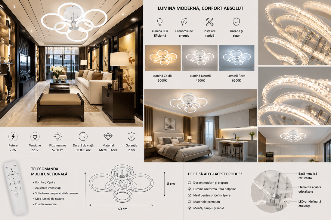 Lustră LED cu design modern și 6 elemente luminoase – Model 26055/4+2 WH+CR