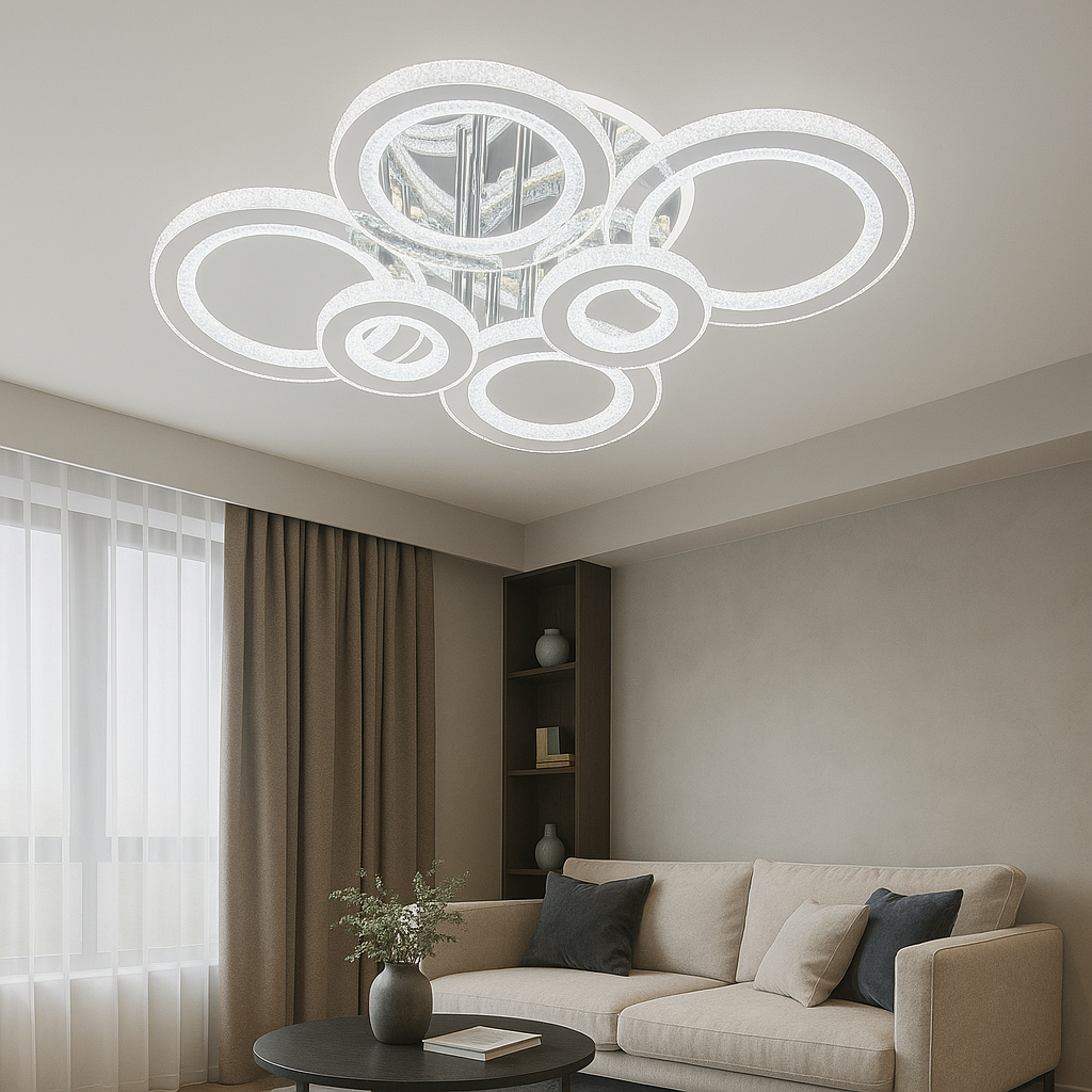Lustră LED Modernă cu 6 Inele, 148W, Crom Lucios, Temperatură Reglabilă 3000–6500K, cu Telecomandă – Design Cristal