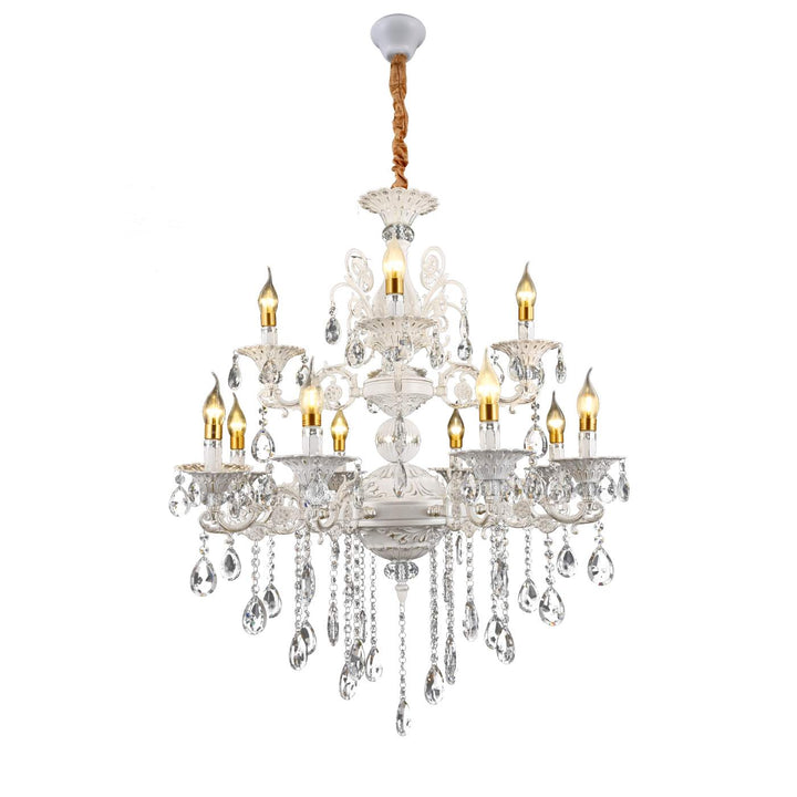Candelabru cu Cristale, 12×E14, Ø78 cm, Design Clasic Argintiu pe Două Nivele