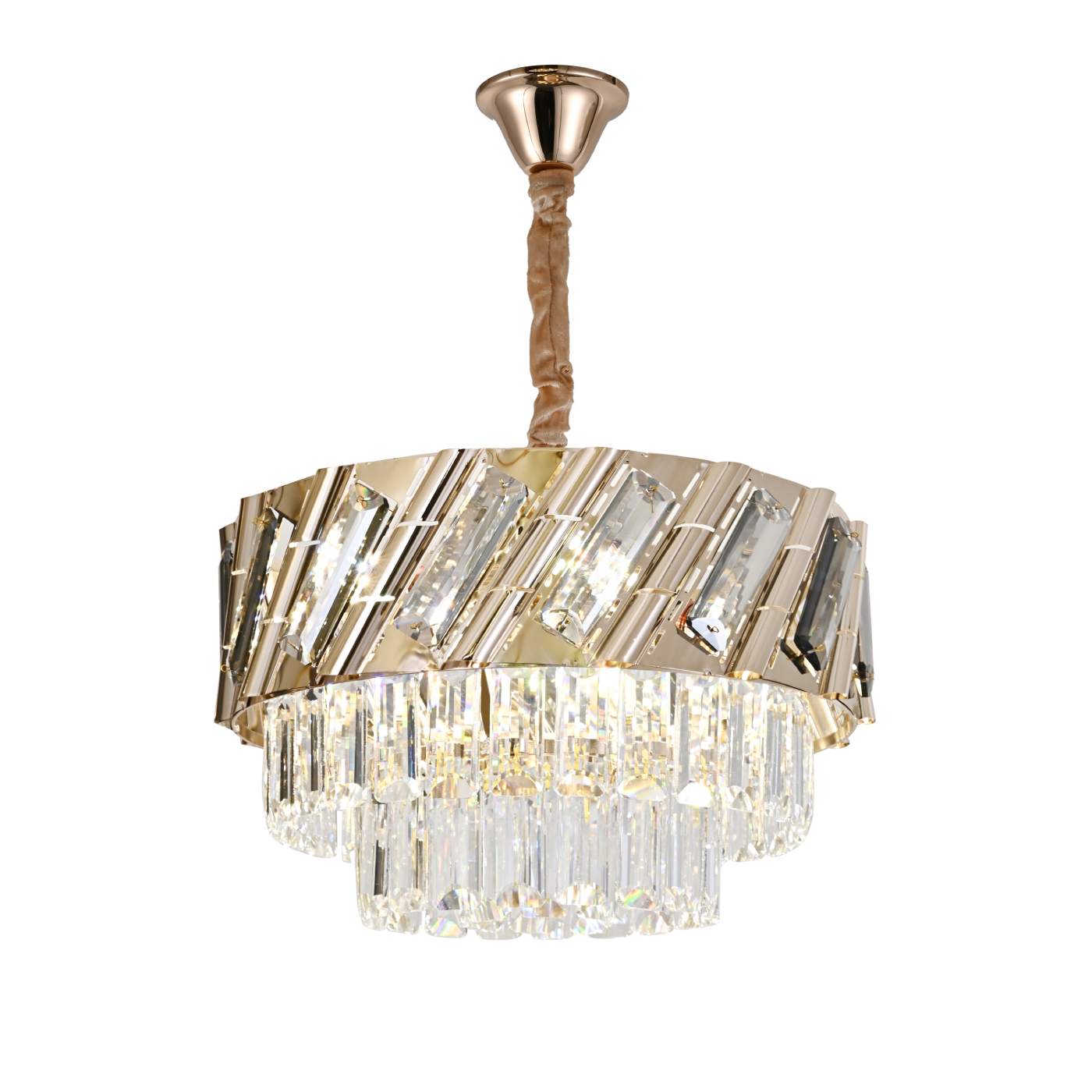 Candelabru Auriu cu Cristale, 5×E27, Ø40 cm, Design Elegant pentru Spații Rafinate