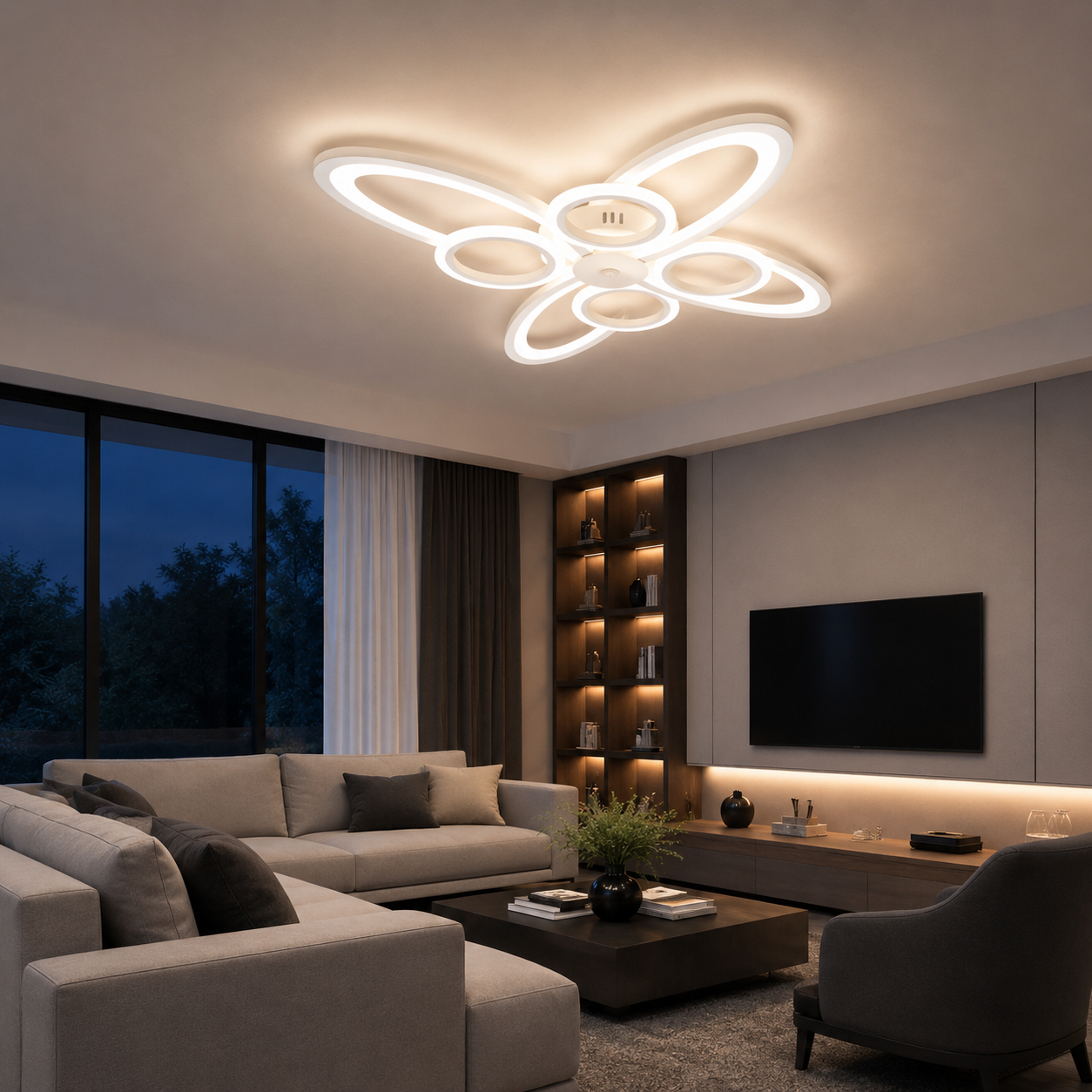 Lustra LED Alba 8 Cercuri, 128W, 3000-6500K, Telecomanda Inclusa, Model L71591/4+4