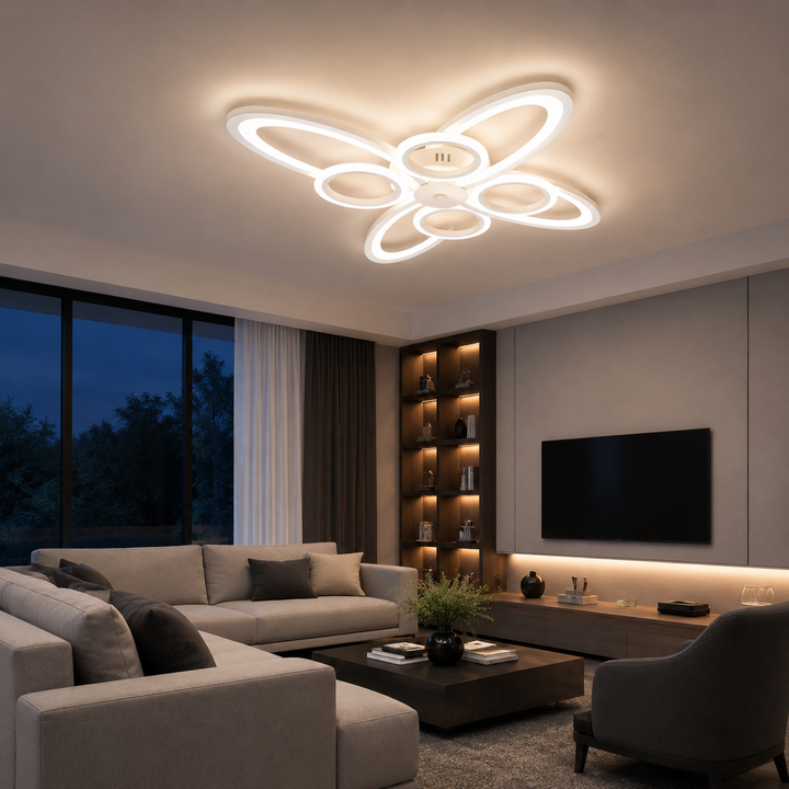 Lustra LED Alba 8 Cercuri, 128W, 3000-6500K, Telecomanda Inclusa, Model L71591/4+4