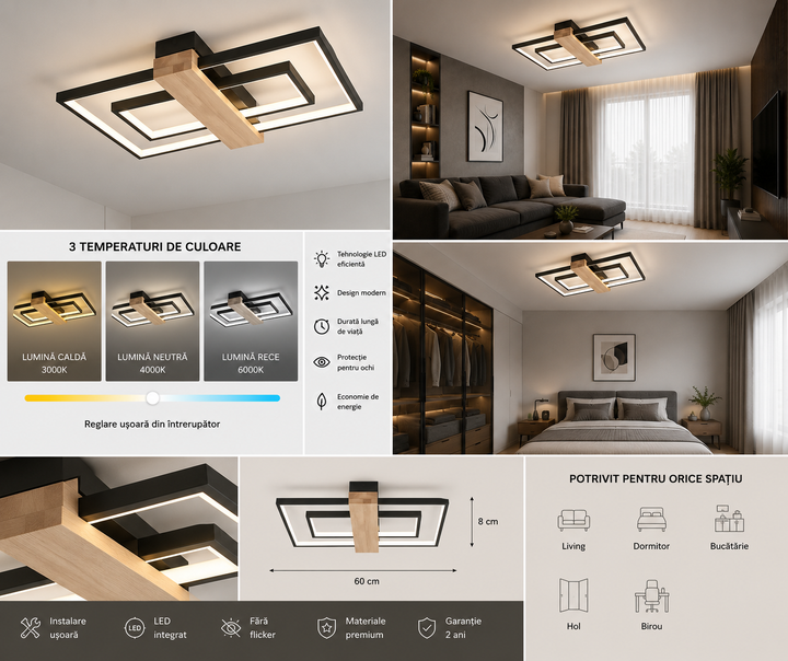 Lustra LED Modernă 9417 BK+WOOD – Design Elegant cu Accente din Lemn