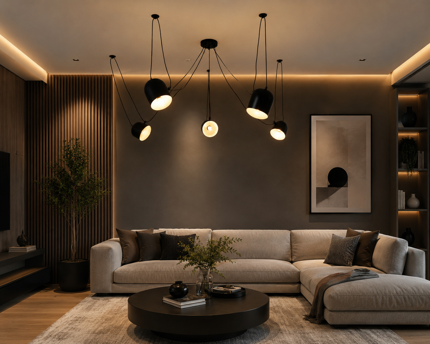 Pendul modern 5 abajururi E27, negru mat, model 9854/5