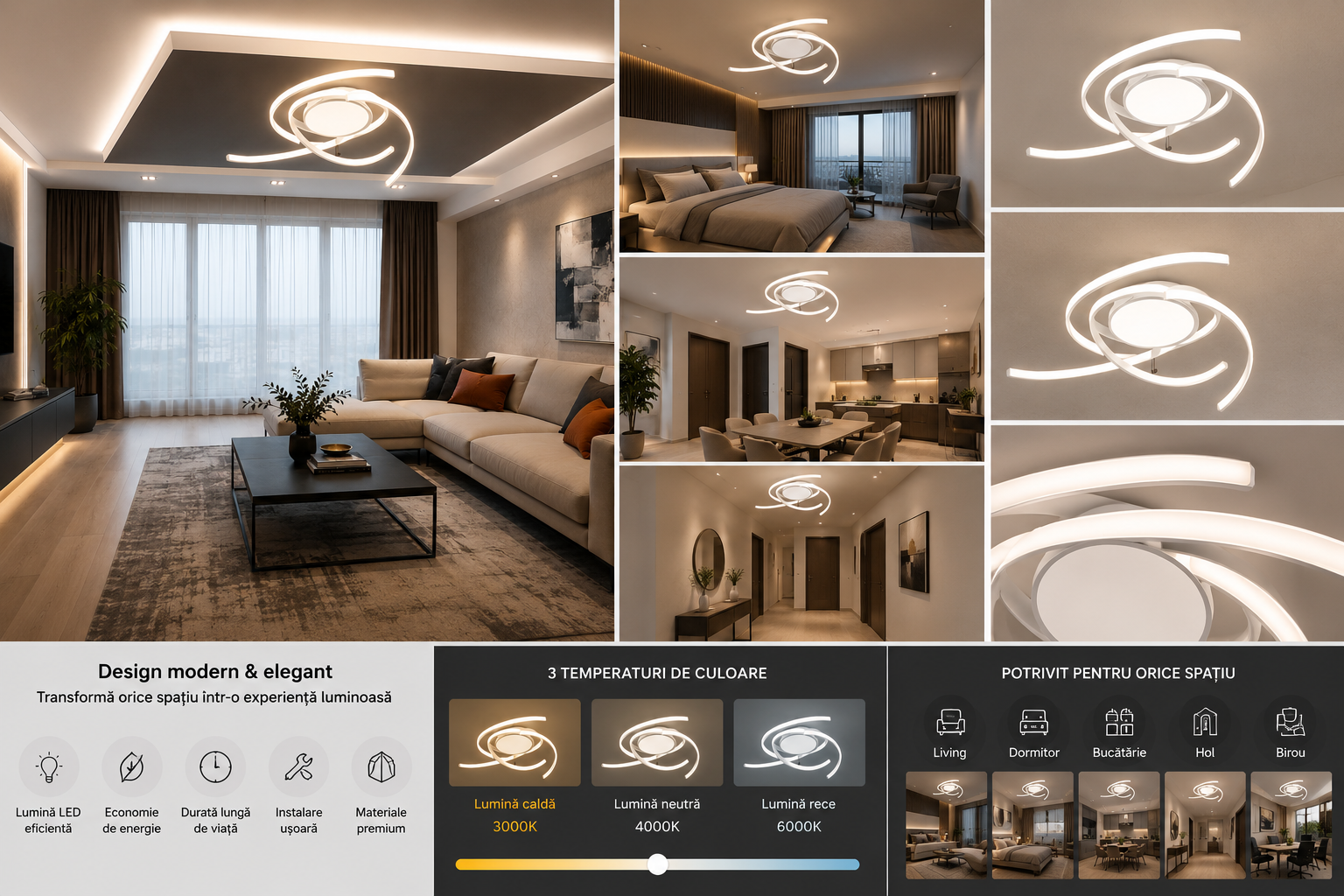 Lustra LED cu design curbat modern, 90W, Ø580×H110 mm, lumina reglabila 3000K–6500K, telecomanda inclusa